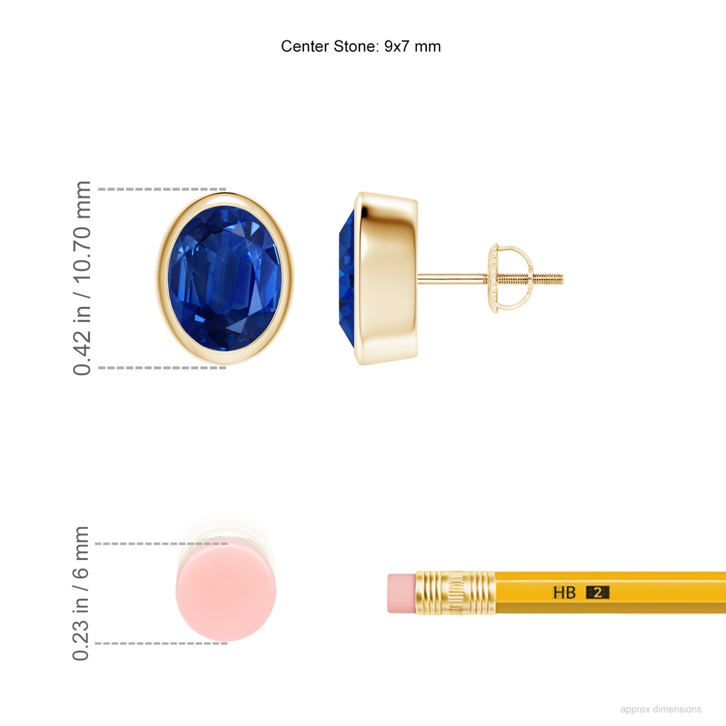 9x7mm AAA Classic Oval Blue Sapphire Solitaire Stud Earrings in Yellow Gold ruler