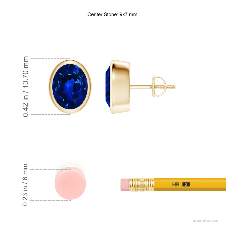 9x7mm AAAA Classic Oval Blue Sapphire Solitaire Stud Earrings in Yellow Gold ruler