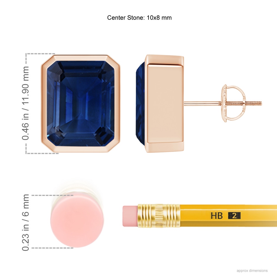 10x8mm AAA Classic Emerald-Cut Blue Sapphire Solitaire Stud Earrings in Rose Gold ruler