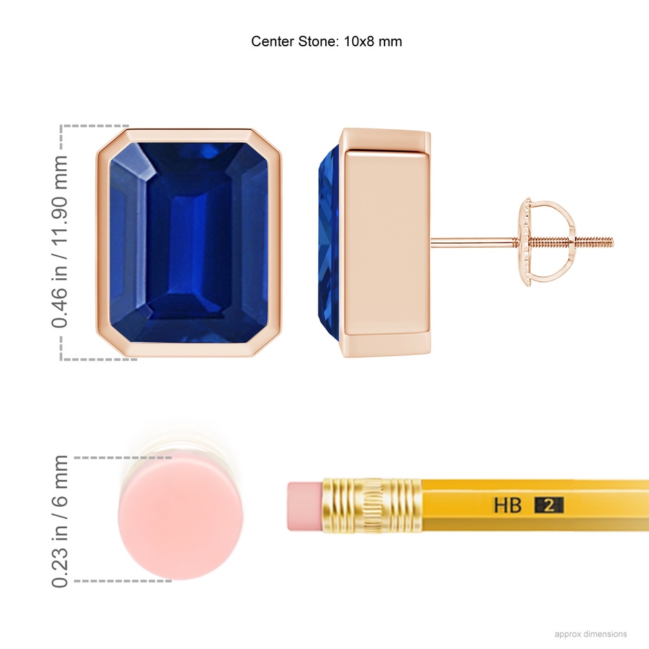 10x8mm Lab-Grown Classic Emerald-Cut Blue Sapphire Solitaire Stud Earrings in 18K Rose Gold ruler