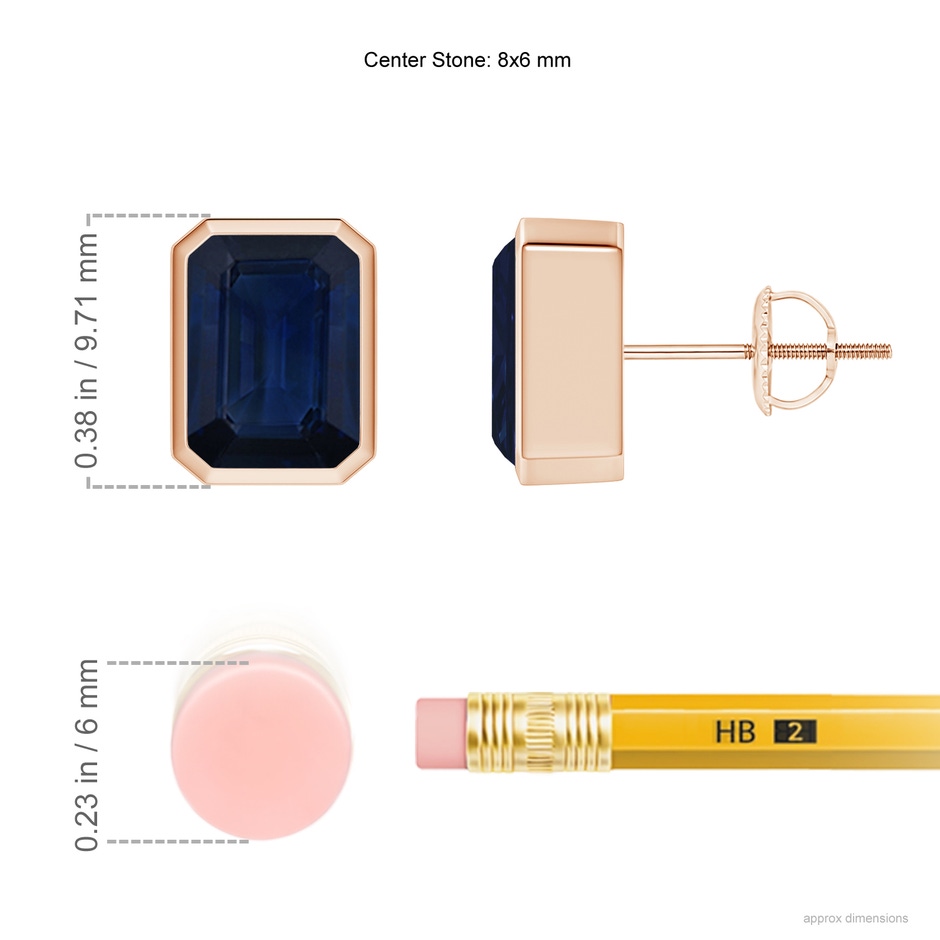 8x6mm AA Classic Emerald-Cut Blue Sapphire Solitaire Stud Earrings in Rose Gold ruler
