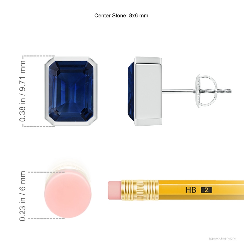 8x6mm AAA Classic Emerald-Cut Blue Sapphire Solitaire Stud Earrings in White Gold ruler