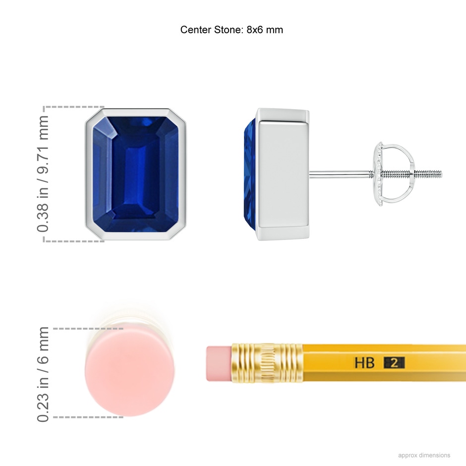 8x6mm AAAA Classic Emerald-Cut Blue Sapphire Solitaire Stud Earrings in P950 Platinum ruler