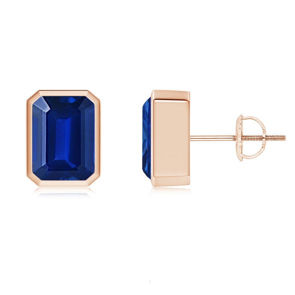 8x6mm AAAA Classic Emerald-Cut Blue Sapphire Solitaire Stud Earrings in Rose Gold 