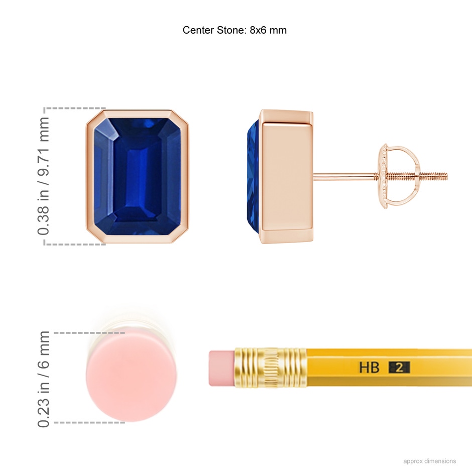 8x6mm AAAA Classic Emerald-Cut Blue Sapphire Solitaire Stud Earrings in Rose Gold ruler