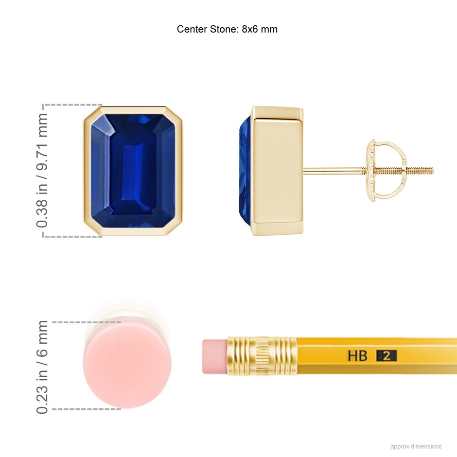 8x6mm Lab-Grown Classic Emerald-Cut Blue Sapphire Solitaire Stud Earrings in Yellow Gold ruler