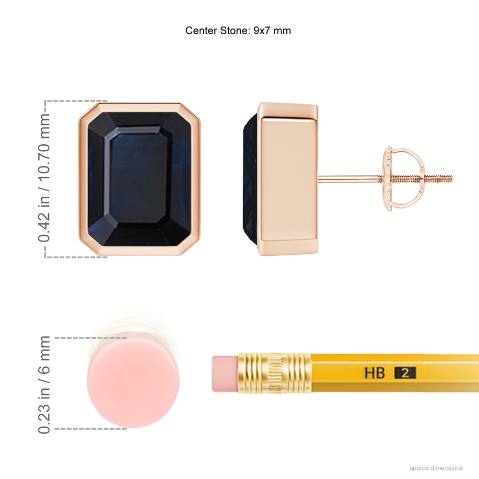 9x7mm A Classic Emerald-Cut Blue Sapphire Solitaire Stud Earrings in Rose Gold ruler