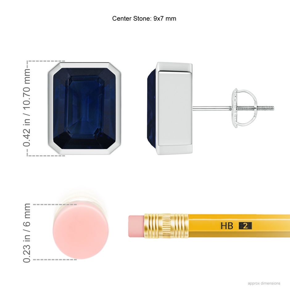 9x7mm AA Classic Emerald-Cut Blue Sapphire Solitaire Stud Earrings in P950 Platinum ruler