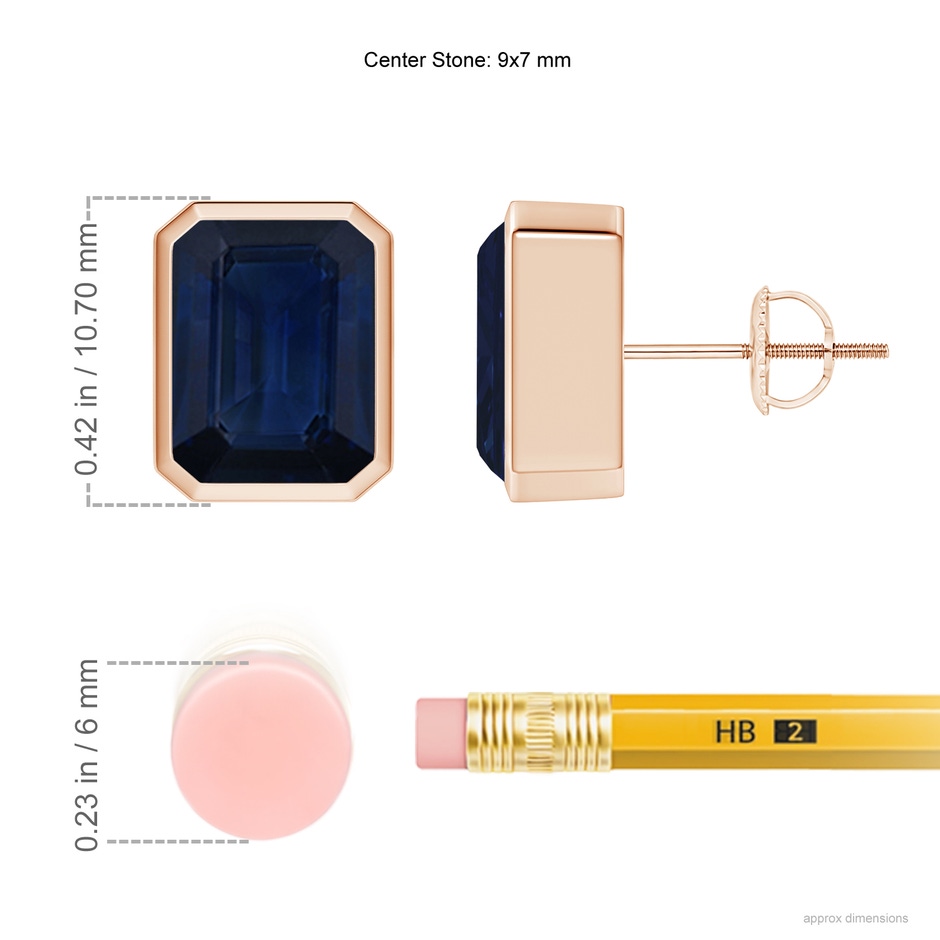 9x7mm AA Classic Emerald-Cut Blue Sapphire Solitaire Stud Earrings in Rose Gold ruler