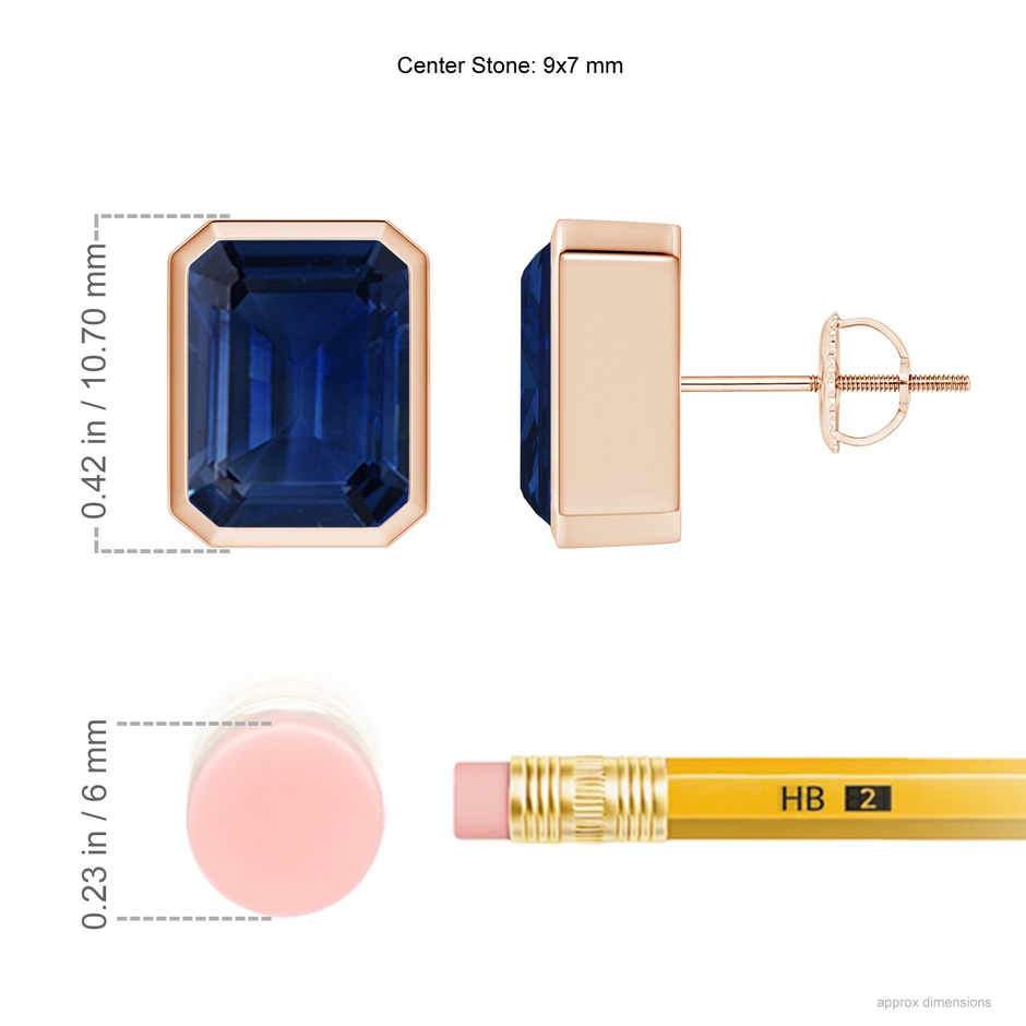 9x7mm AAA Classic Emerald-Cut Blue Sapphire Solitaire Stud Earrings in Rose Gold ruler
