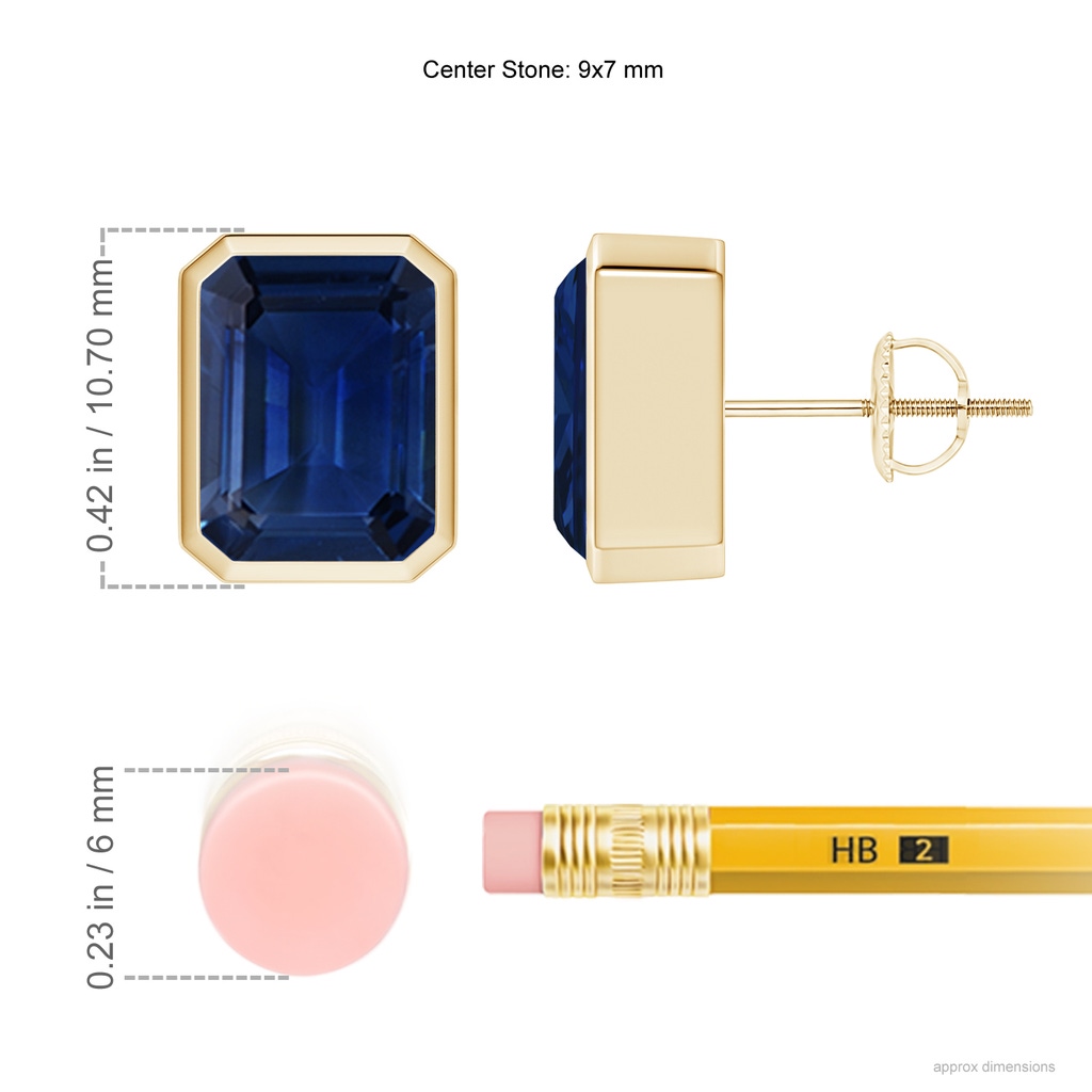 9x7mm AAA Classic Emerald-Cut Blue Sapphire Solitaire Stud Earrings in Yellow Gold ruler