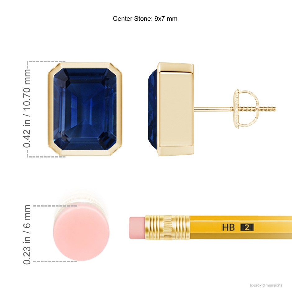 9x7mm AAA Classic Emerald-Cut Blue Sapphire Solitaire Stud Earrings in Yellow Gold ruler