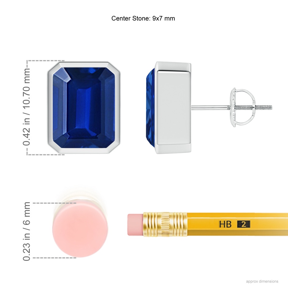 9x7mm AAAA Classic Emerald-Cut Blue Sapphire Solitaire Stud Earrings in P950 Platinum ruler
