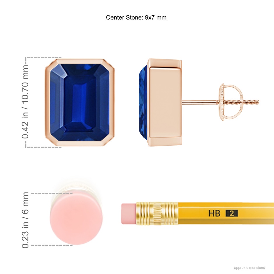 9x7mm AAAA Classic Emerald-Cut Blue Sapphire Solitaire Stud Earrings in Rose Gold ruler
