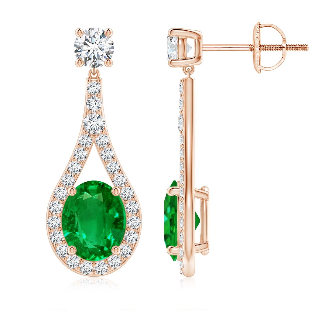 10x8mm AAAA Oval Emerald Drop Earrings with Accents in Rose Gold