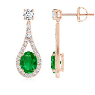 9x7mm AAAA Oval Emerald Drop Earrings with Accents in Rose Gold