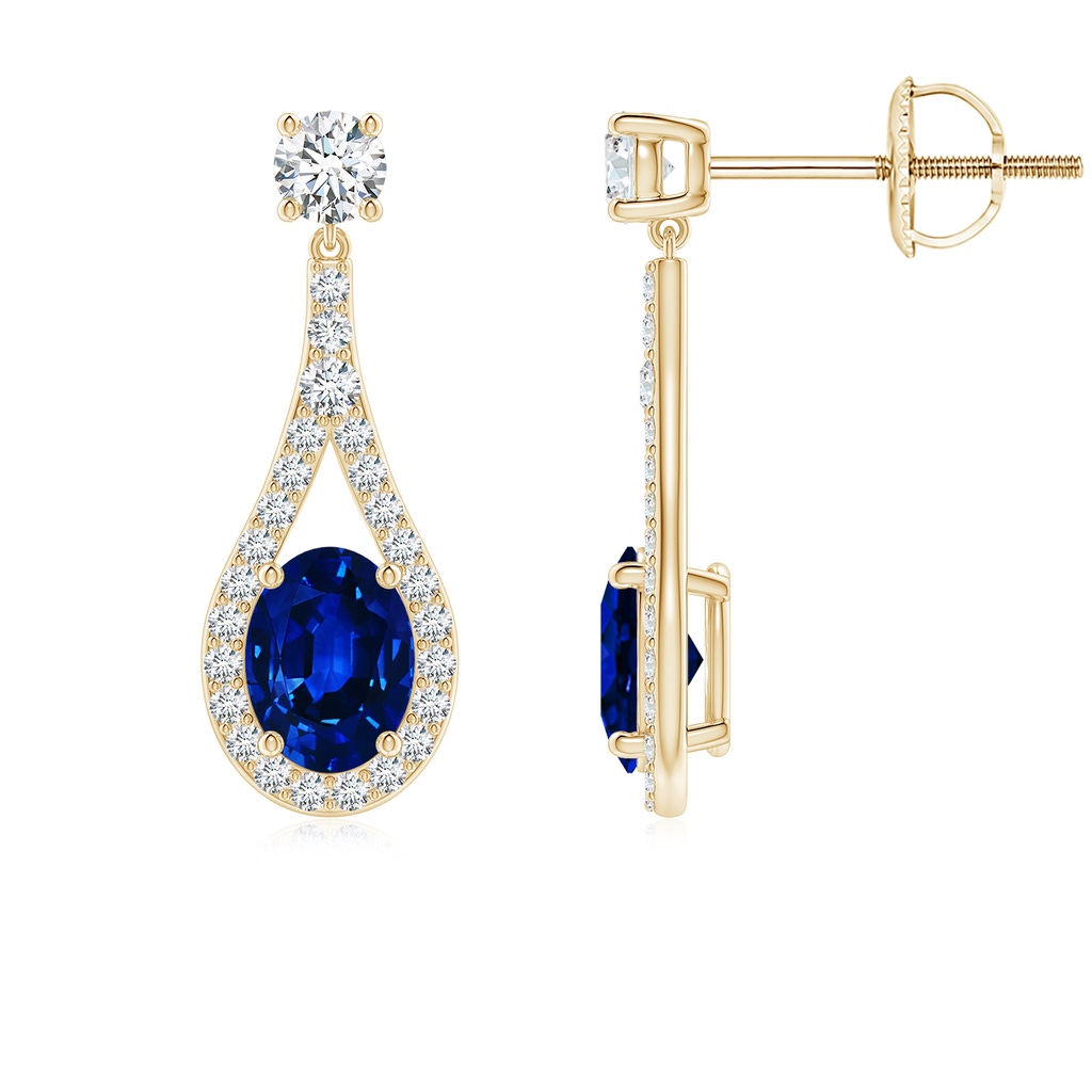 8x6mm Lab-Grown Oval Blue Sapphire Drop Earrings with Accents in Yellow Gold