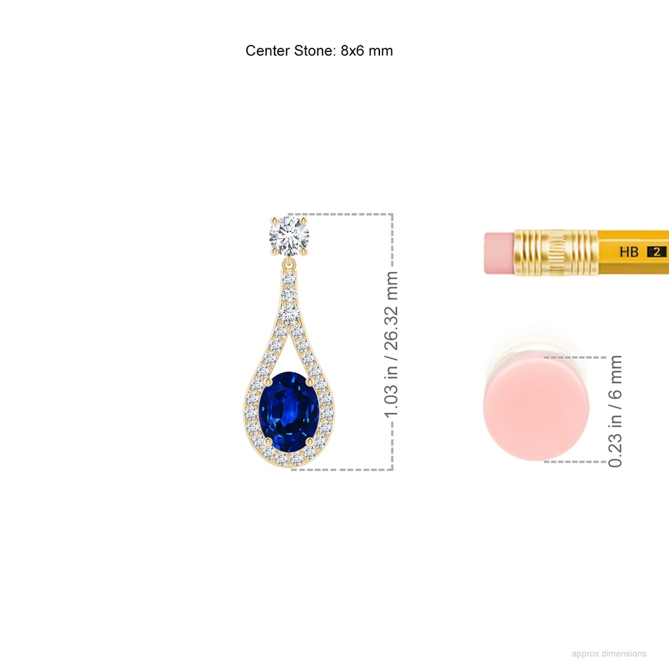 8x6mm Lab-Grown Oval Blue Sapphire Drop Earrings with Accents in Yellow Gold ruler