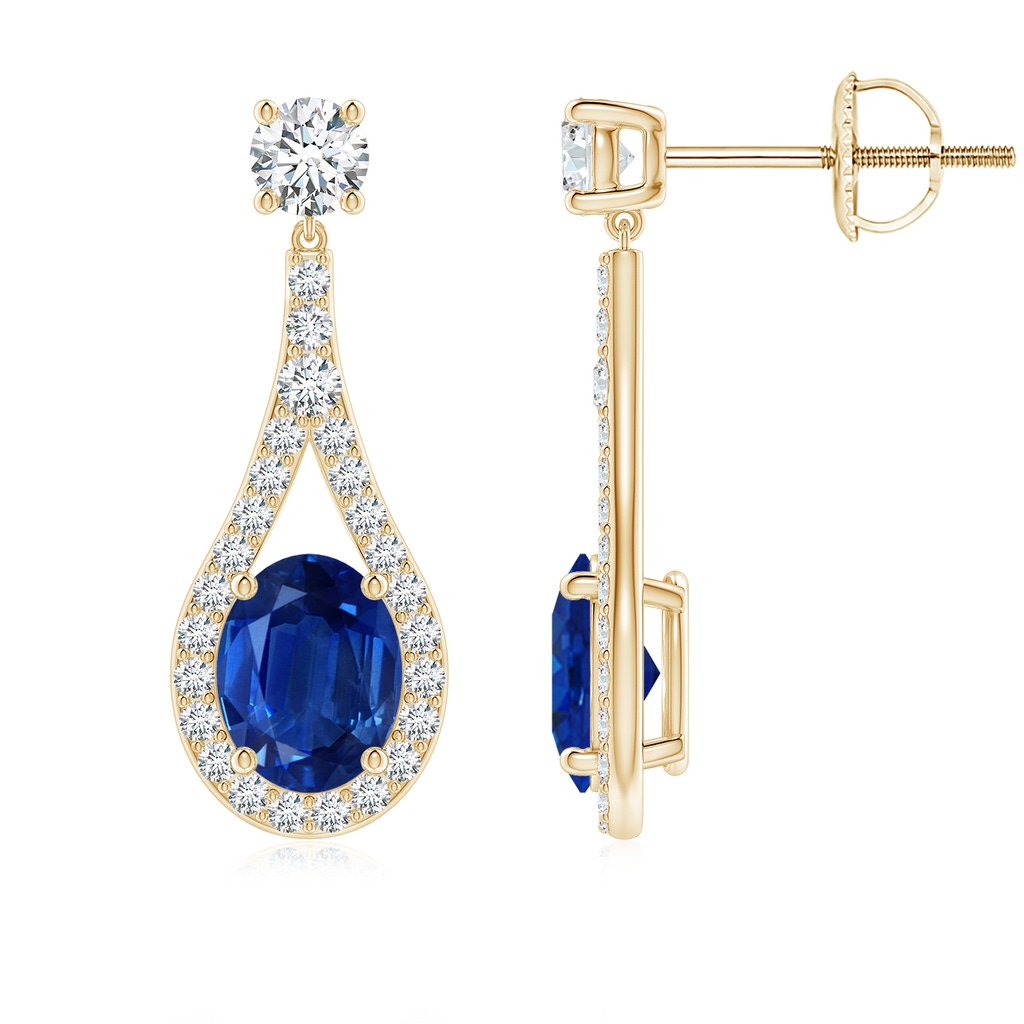 9x7mm AAA Oval Blue Sapphire Drop Earrings with Accents in Yellow Gold 