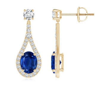 9x7mm AAA Oval Blue Sapphire Drop Earrings with Accents in Yellow Gold