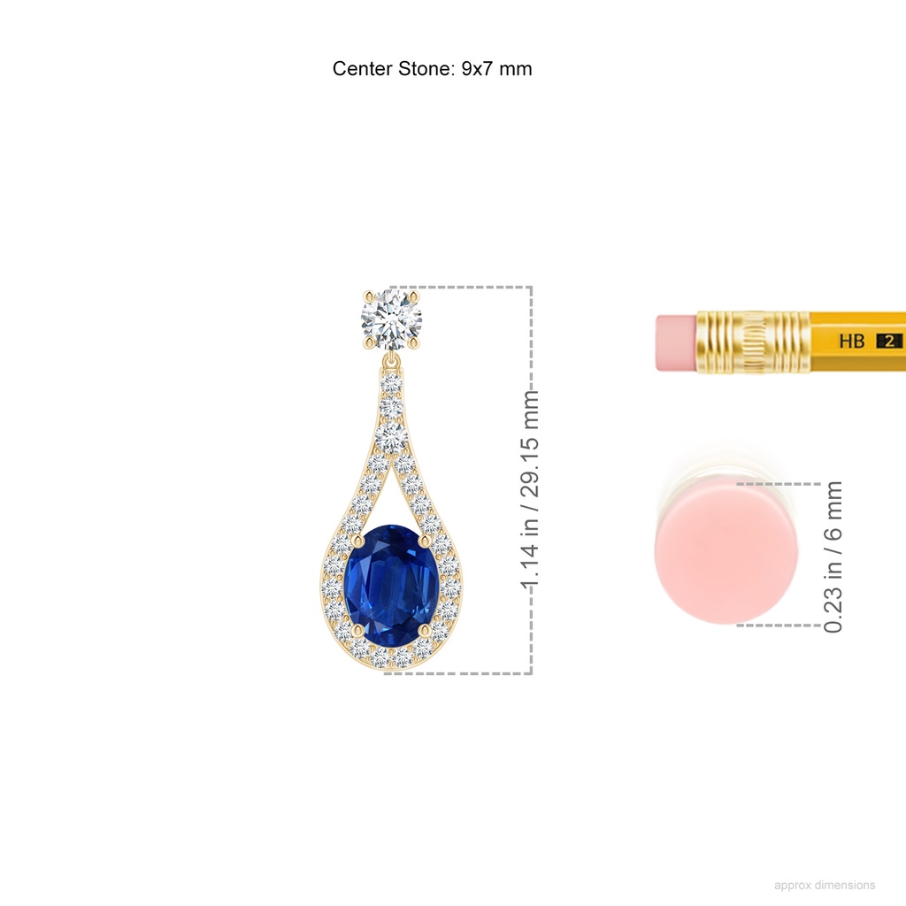 9x7mm AAA Oval Blue Sapphire Drop Earrings with Accents in Yellow Gold ruler