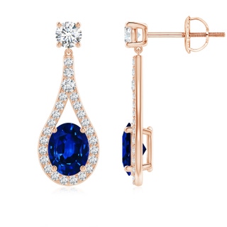 9x7mm AAAA Oval Blue Sapphire Drop Earrings with Accents in Rose Gold