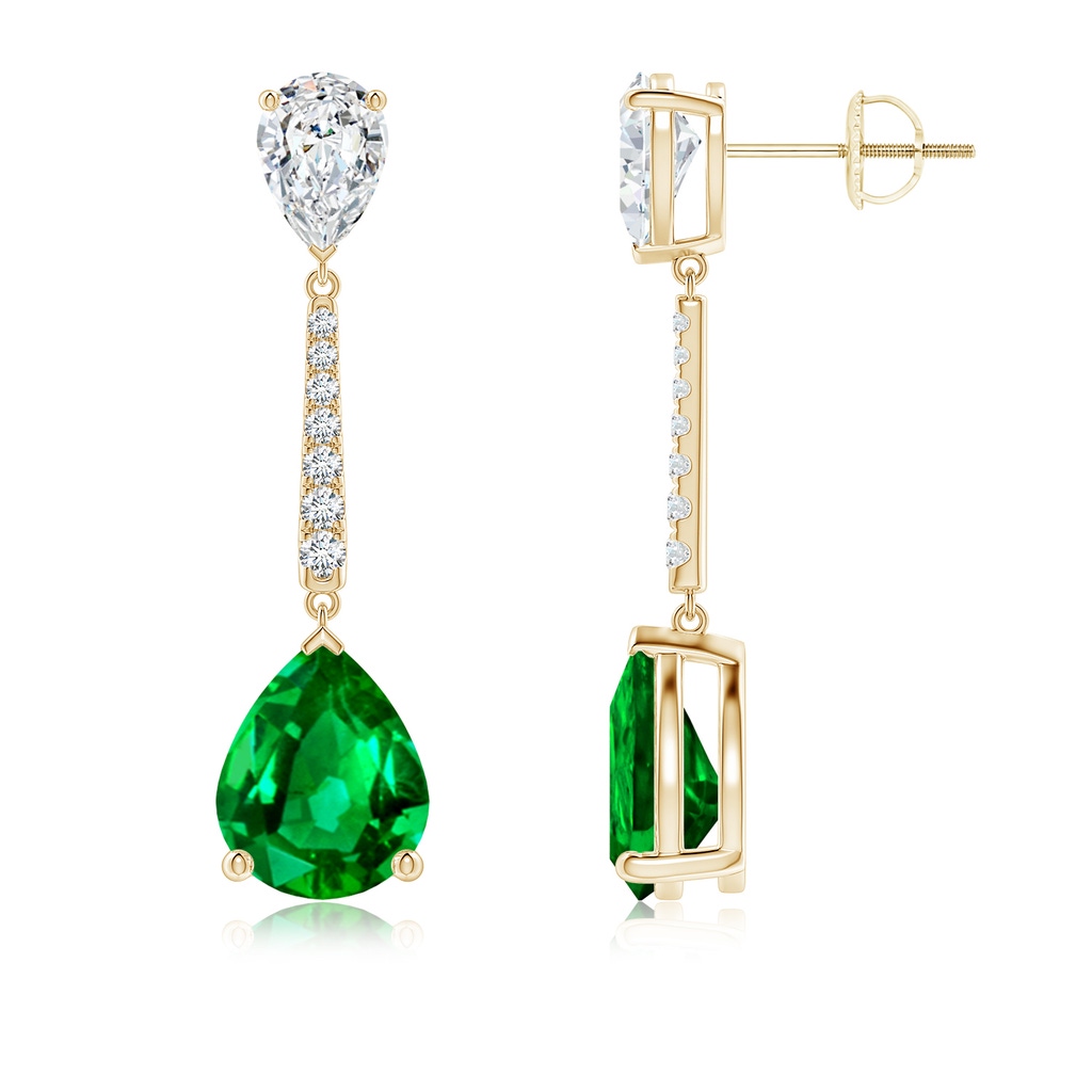 10x8mm AAAA Pear-Shaped Emerald and Diamond Bar Drop Earrings in Yellow Gold