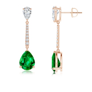 9x7mm AAAA Pear-Shaped Emerald and Diamond Bar Drop Earrings in Rose Gold