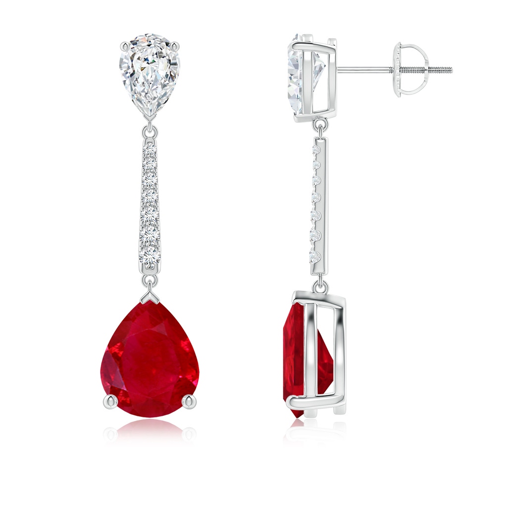 10x8mm AAA Pear-Shaped Ruby and Diamond Bar Drop Earrings in White Gold