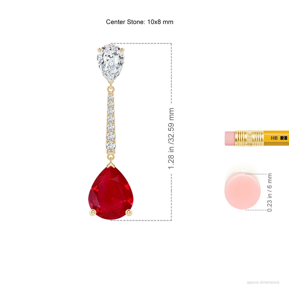 10x8mm AAA Pear-Shaped Ruby and Diamond Bar Drop Earrings in Yellow Gold ruler