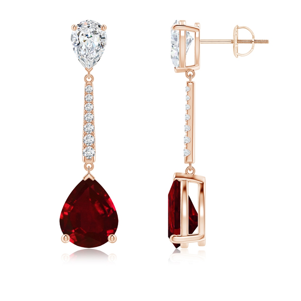 10x8mm AAAA Pear-Shaped Ruby and Diamond Bar Drop Earrings in Rose Gold