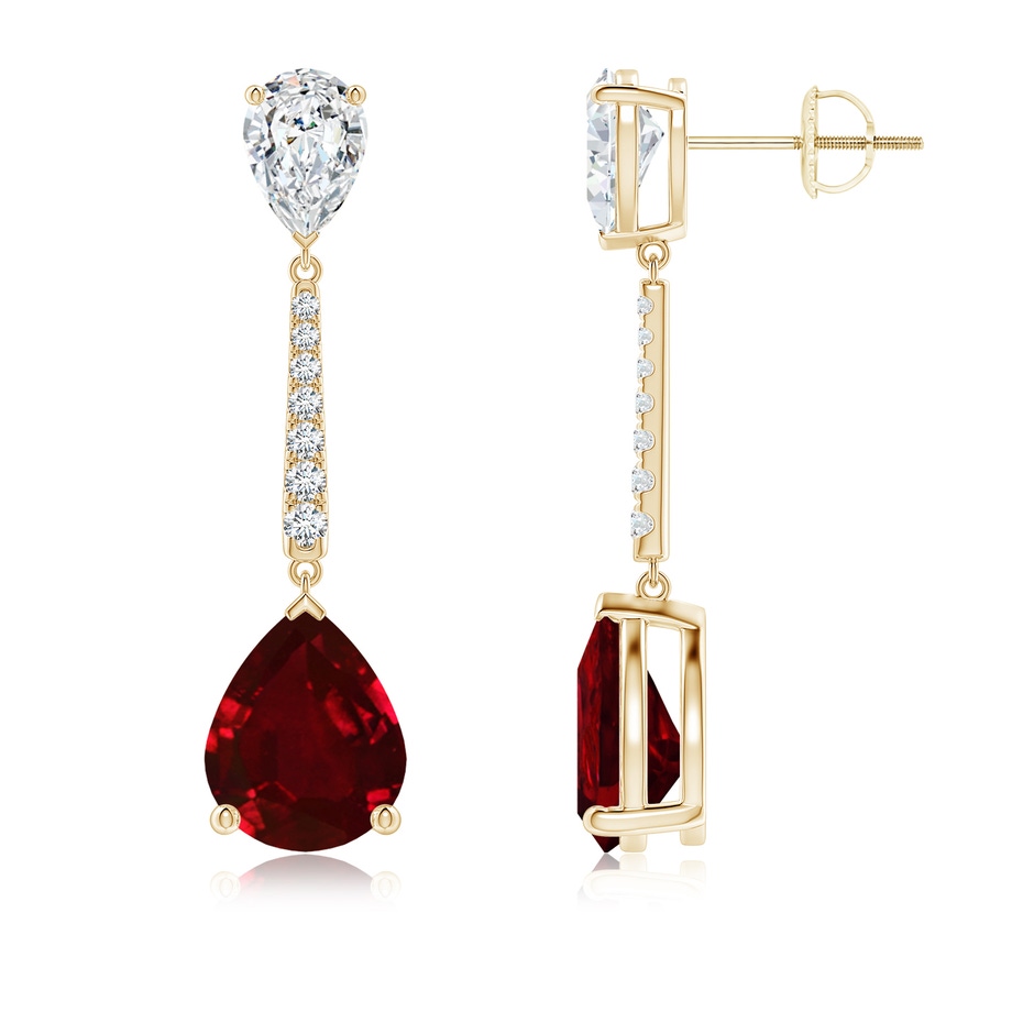 10x8mm AAAA Pear-Shaped Ruby and Diamond Bar Drop Earrings in Yellow Gold 