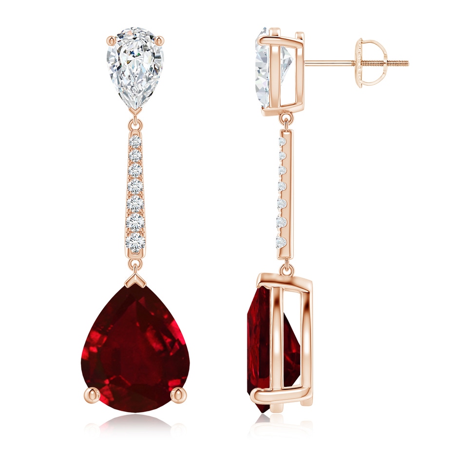 12x10mm AAAA Pear-Shaped Ruby and Diamond Bar Drop Earrings in Rose Gold 