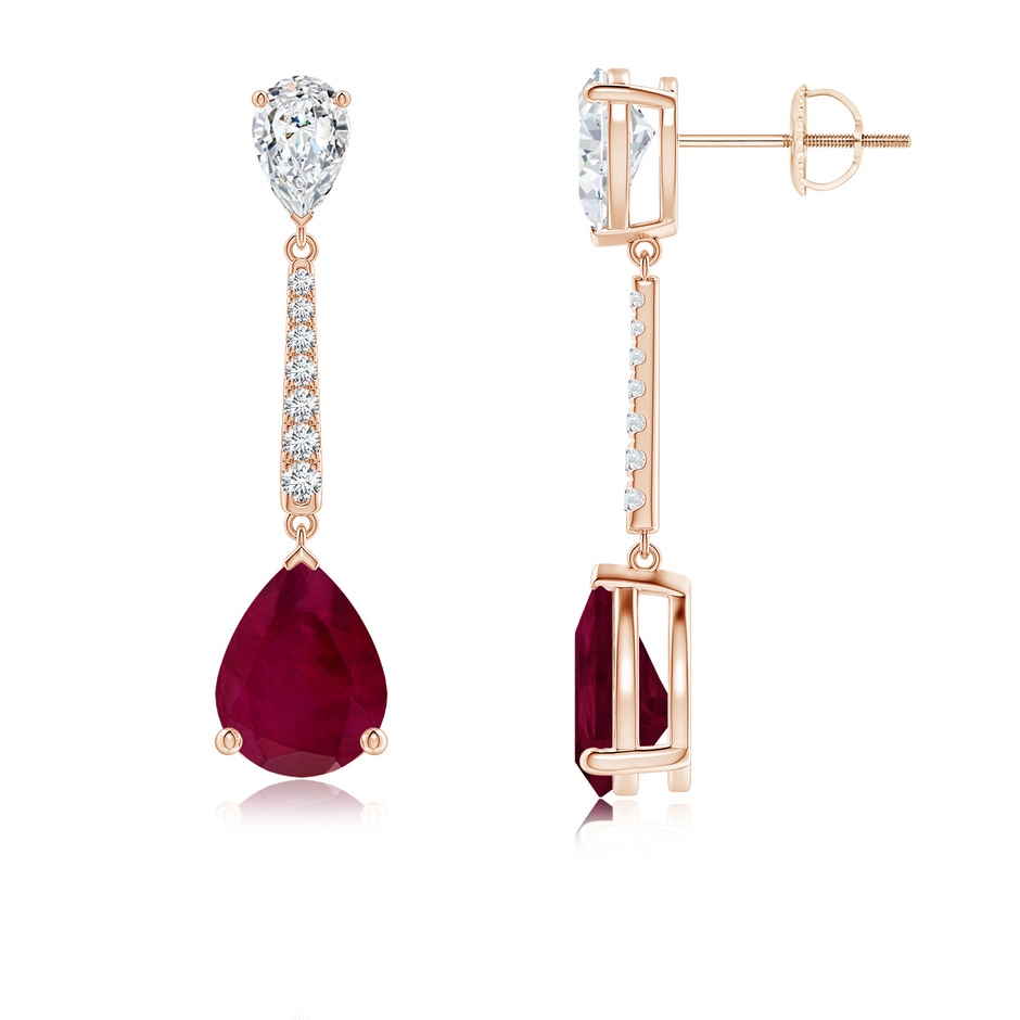 9x7mm A Pear-Shaped Ruby and Diamond Bar Drop Earrings in Rose Gold 