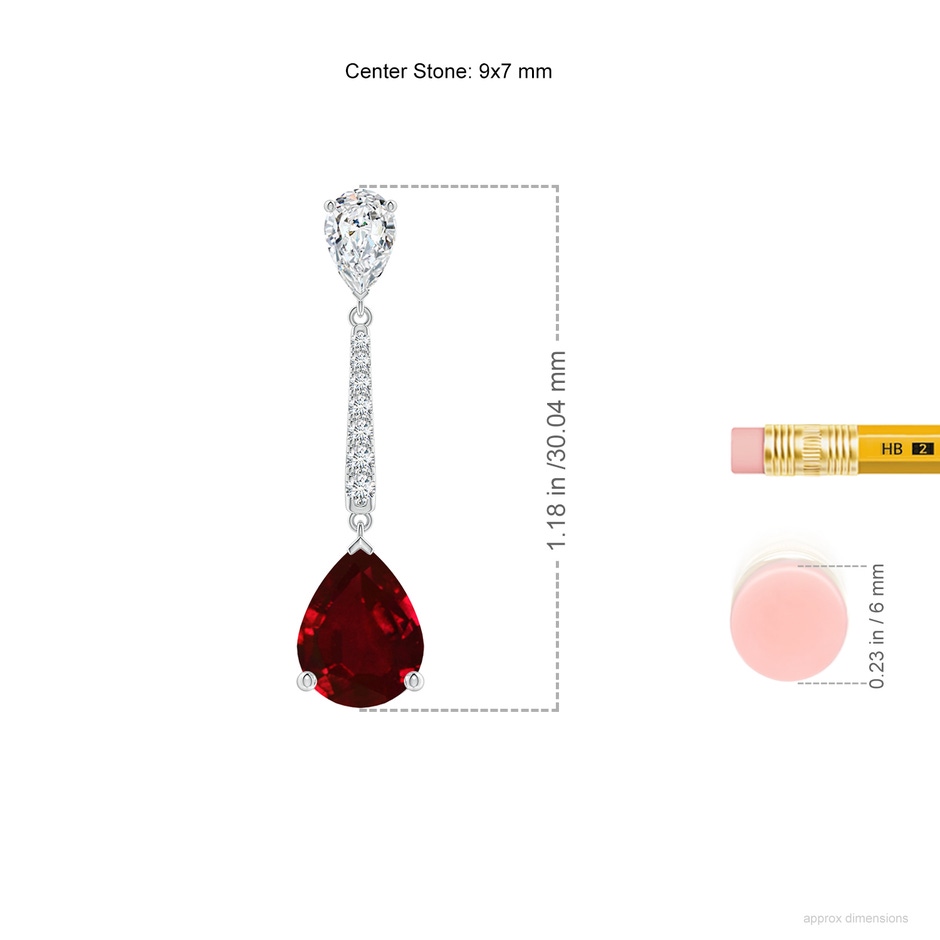 9x7mm AAAA Pear-Shaped Ruby and Diamond Bar Drop Earrings in P950 Platinum ruler