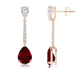 9x7mm AAAA Pear-Shaped Ruby and Diamond Bar Drop Earrings in Rose Gold