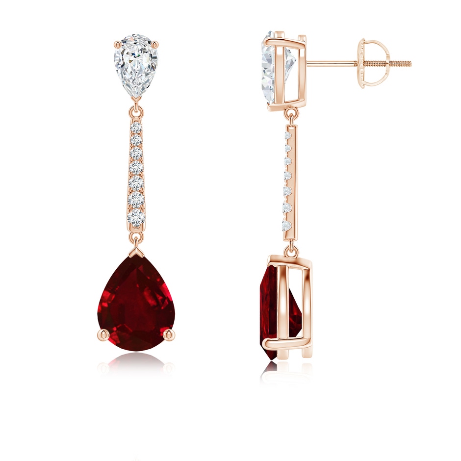 9x7mm AAAA Pear-Shaped Ruby and Diamond Bar Drop Earrings in Rose Gold 