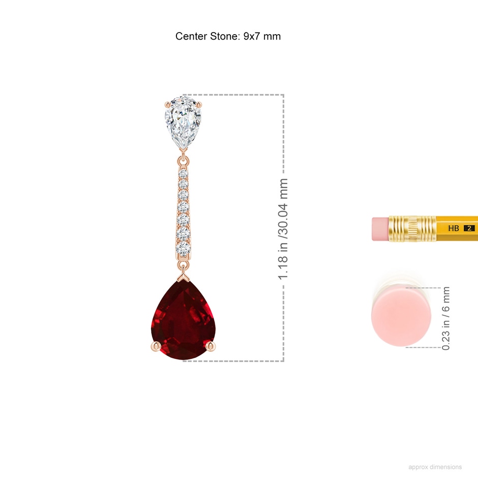 9x7mm AAAA Pear-Shaped Ruby and Diamond Bar Drop Earrings in Rose Gold ruler