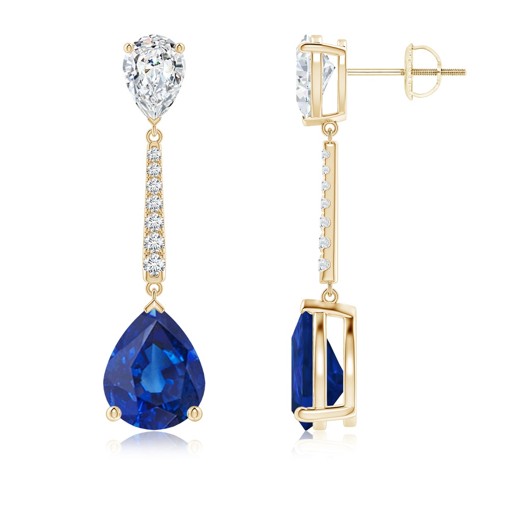 10x8mm AAA Pear-Shaped Blue Sapphire and Diamond Bar Drop Earrings in Yellow Gold