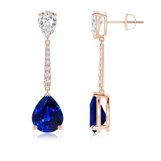 10x8mm Lab-Grown Pear-Shaped Blue Sapphire and Diamond Bar Drop Earrings in 18K Rose Gold