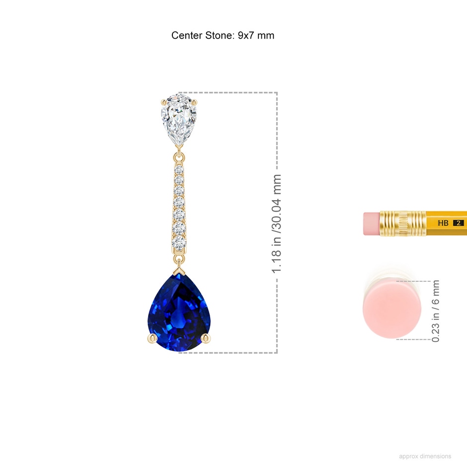 9x7mm Lab-Grown Pear-Shaped Blue Sapphire and Diamond Bar Drop Earrings in Yellow Gold ruler