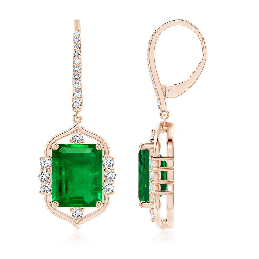 10x8mm AAAA Vintage-Inspired Emerald-Cut Emerald Leverback Earrings in Rose Gold
