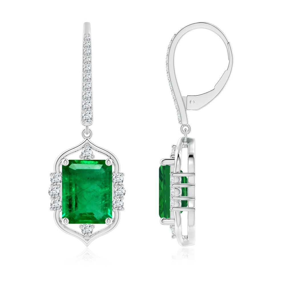 9x7mm AAA Vintage-Inspired Emerald-Cut Emerald Leverback Earrings in White Gold
