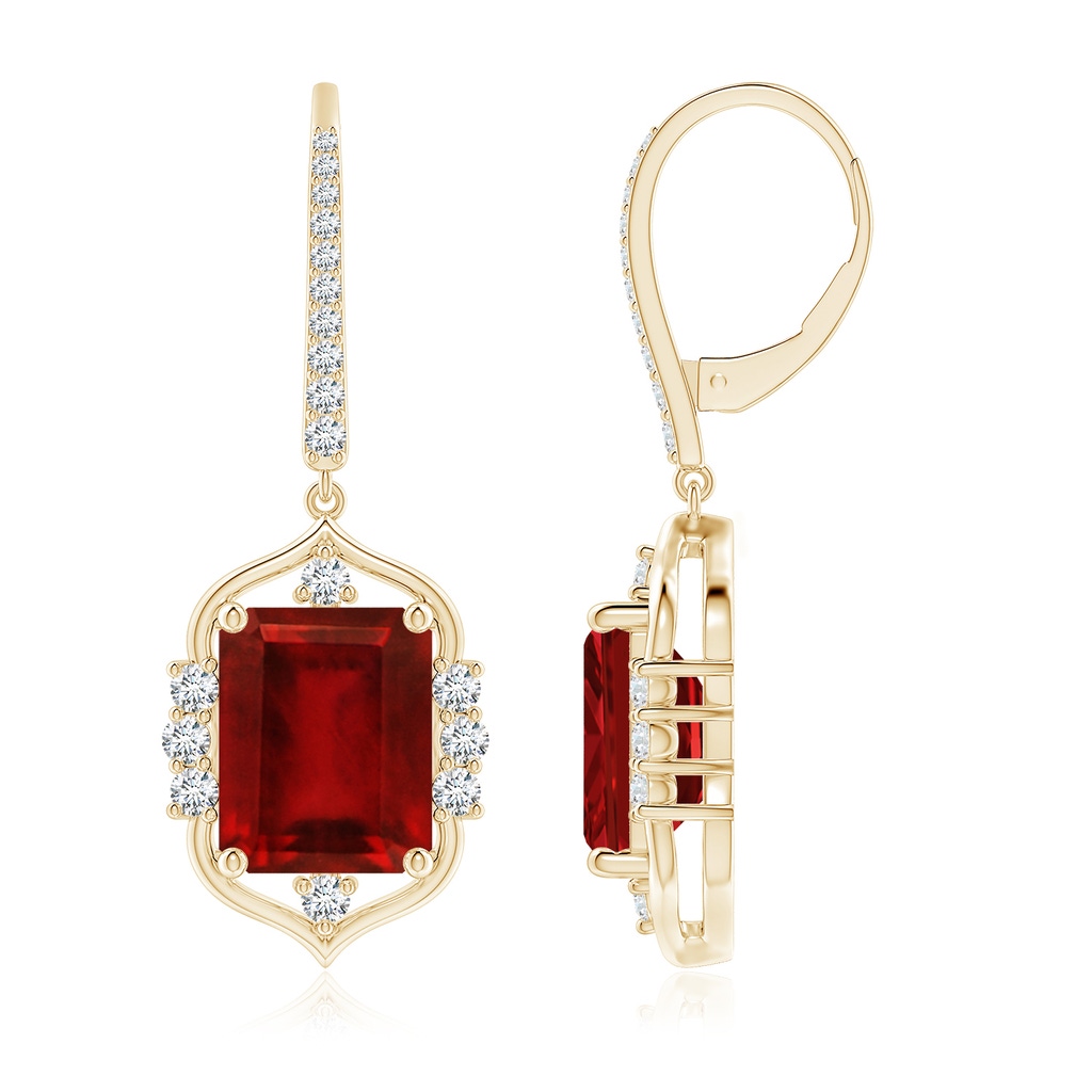 10x8mm AAAA Vintage-Inspired Emerald-Cut Ruby Leverback Earrings in Yellow Gold