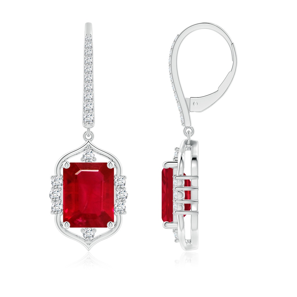 9x7mm AAA Vintage-Inspired Emerald-Cut Ruby Leverback Earrings in White Gold