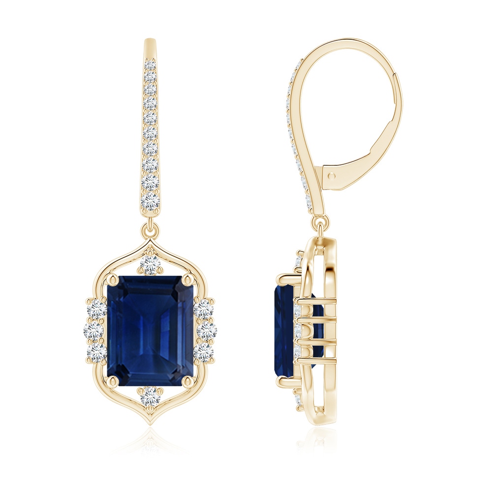 9x7mm AAA Vintage-Inspired Emerald-Cut Blue Sapphire Leverback Earrings in Yellow Gold 