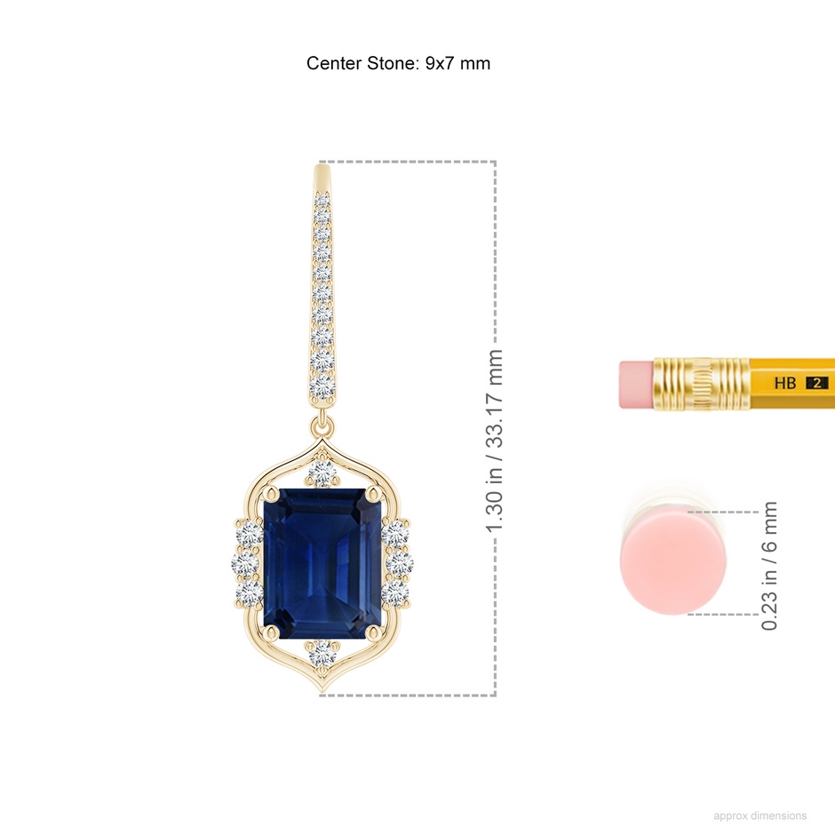 9x7mm AAA Vintage-Inspired Emerald-Cut Blue Sapphire Leverback Earrings in Yellow Gold ruler