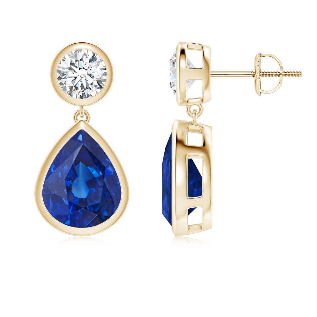 10x8mm AAA Bezel-Set Blue Sapphire Teardrop Earrings in Yellow Gold 