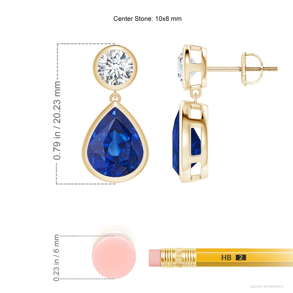 10x8mm AAA Bezel-Set Blue Sapphire Teardrop Earrings in Yellow Gold ruler