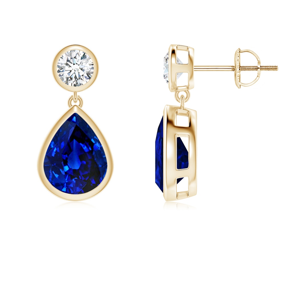 9x7mm Lab-Grown Bezel-Set Blue Sapphire Teardrop Earrings in Yellow Gold